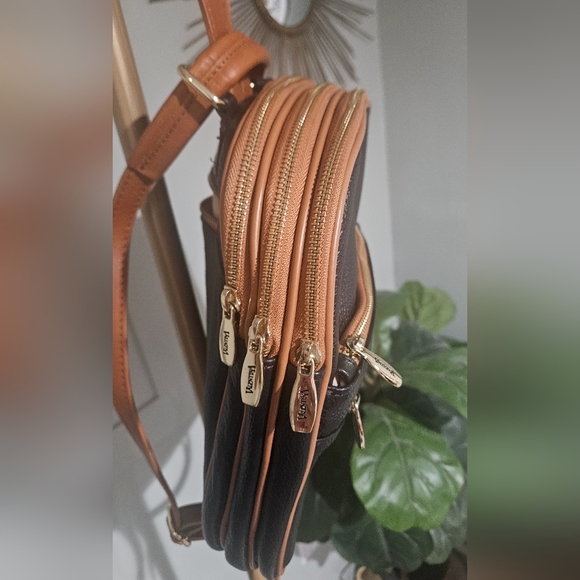 VALENTINA Leather Sling Triple Compartment Bookbag In Black With Tan Trim. - Picture 9 of 16